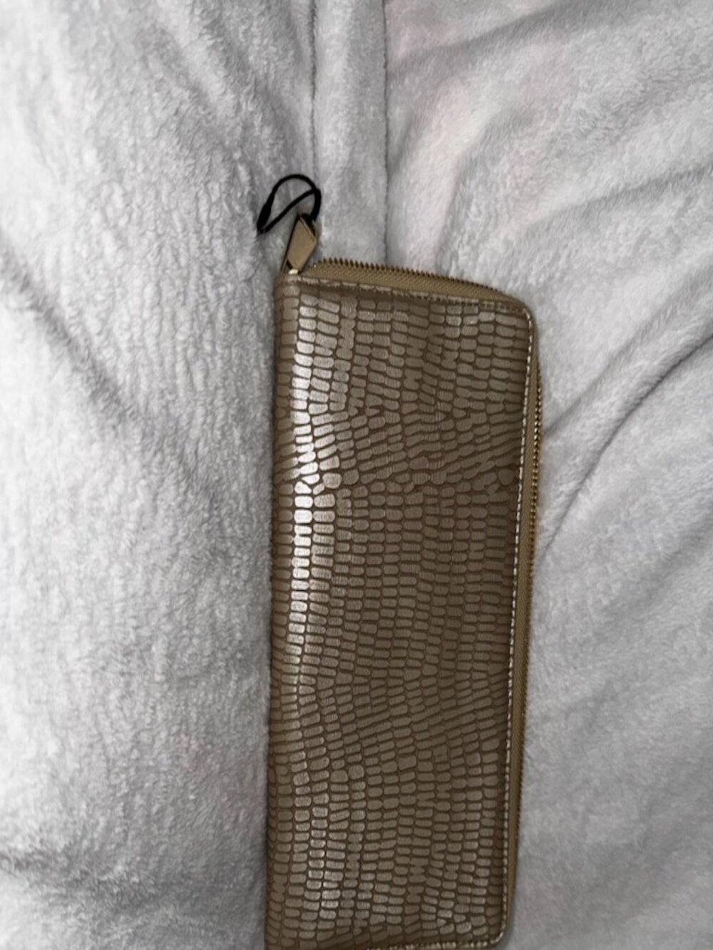 Embossed Metallic Zip Around Wallet – Gold/Taupe Reptile Texture
